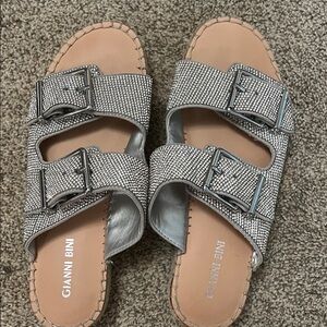 Gianni Bini Silver Crystal Double-Buckle Slide Sandals size 8.5